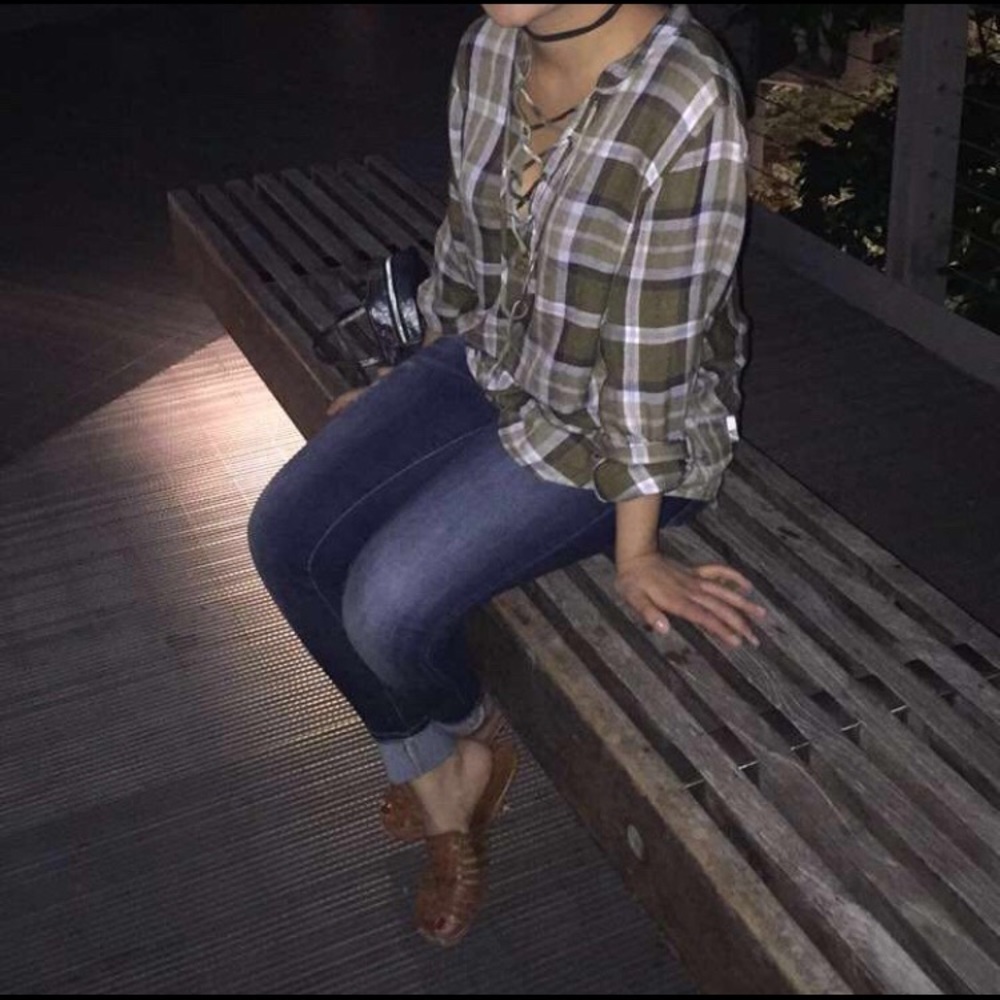 Plaid olive brown top with lace